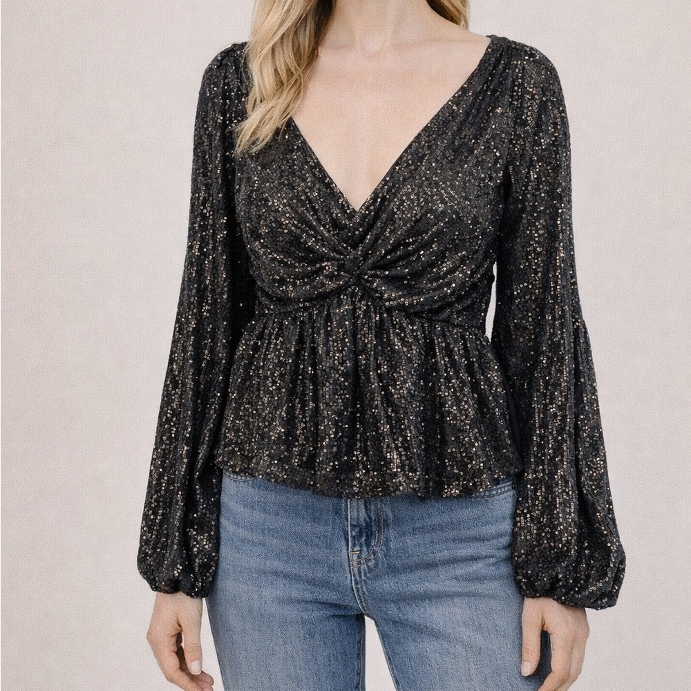 Mustard Seed Black Sequin Long Sleeve Cropped Peplum Blouse Small